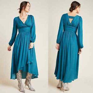 Anthropologie Teal Wrap High Low Long-Sleeve V-Neck Midi Dress Size 0 7518